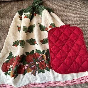 Christmas Kitchen  Towel with Hand Crochet top to Hang with a Pot Holder Set